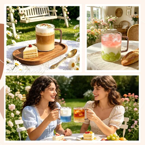 Vista 5 de Juego de 2 tazas de café de vidrio de borosilicato transparente de 16 onzas con mango tejido estilo ratán, taza de café de granja para café