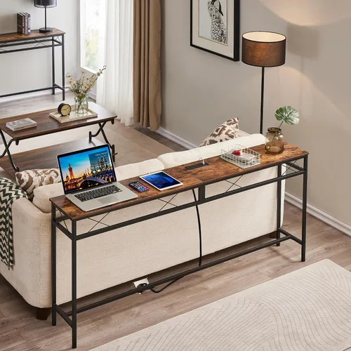 Vista 5 de VECELO Mesa consola angosta extra larga de 55 pulgadas con estación de carga, toma de corriente y puertos USB, para entrada, sala de estar, oficina