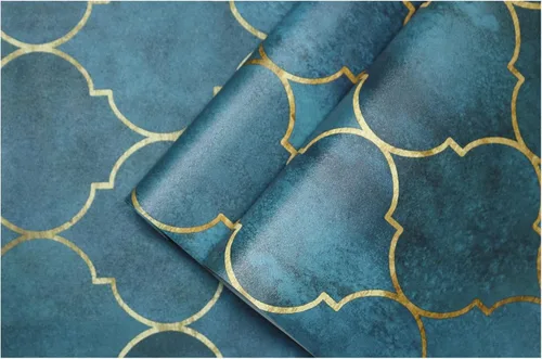 Vista 7 de HAOKHOME - Papel tapiz despega y pega, diseño geométrico enrejado, color esmeralda/zafiro azul/bronce, papel de contacto extraíble para decoración