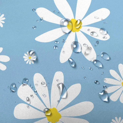 Vista 3 de Cortina de ducha con diseño floral de margaritas azules para caravana, remolque, baño, lindo juego de cortinas de ducha de tela estrecha y corta