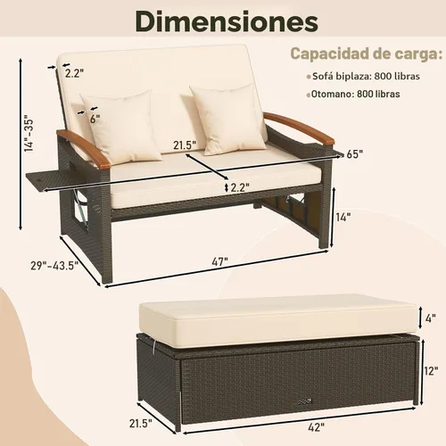 Vista 9 de LDAILY Moccha - Sofá de mimbre para exteriores, sofá biplaza de ratán para patio con respaldo ajustable de 4 niveles, paneles plegables, otomana