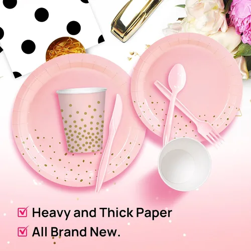 Vista 6 de 211 servilletas de oro rosa, suministros de fiesta para 30 invitados, platos desechables de papel, postres, servilletas, vasos, cubiertos y mantel