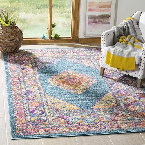 Vista 5 de SAFAVIEH Madison Collection - Alfombra decorativa de 2'3" x 3'11", color azul y fucsia, diseño de medallón bohemio chic, no desprende pelusa