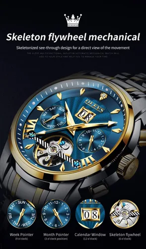Vista 3 de OLEVS Relojes de cuerda automática para hombre, reloj mecánico automático Tourbillon de acero inoxidable con doble calendario, impermeable, luminoso