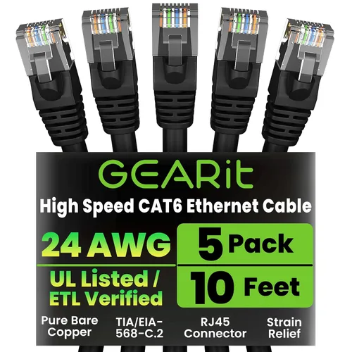 Vista 46 de GEARit Cables de conexión Cat6 de 1 pie negro (paquete de 5) Cables de conexión Cat 6 de 1 pie, cable de conexión negro/Ethernet, 10Gbps 550MHz
