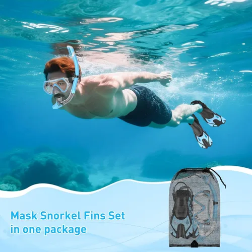 Vista 7 de Snorkeling Gear Set for Adults – Dry Top Snorkel Set, Panoramic Anti-Fog Mask, Adjustable Swim Fins – Travel Diving Kit with Storage Bag
