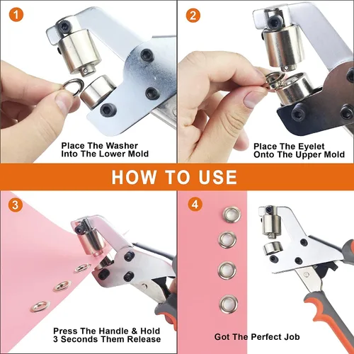 Vista 4 de Kit de herramientas para ojales, herramienta multiusos manual de mano, perforadora, alicates con arandelas de metal (1/4 de pulgada)