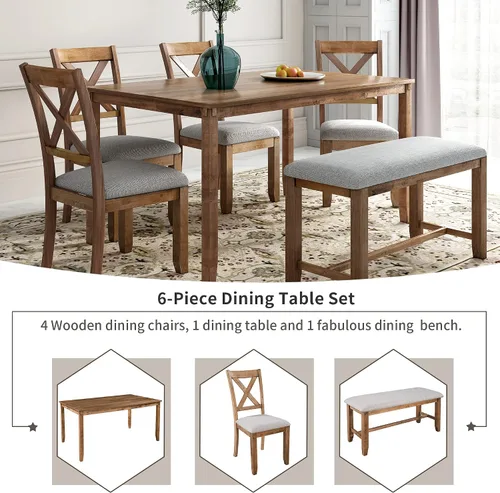 Vista 4 de Quarte Juego de mesa de comedor de 6 piezas, mesa de comedor rectangular de madera maciza, 4 sillas tapizadas y banco, muebles familiares rústicos