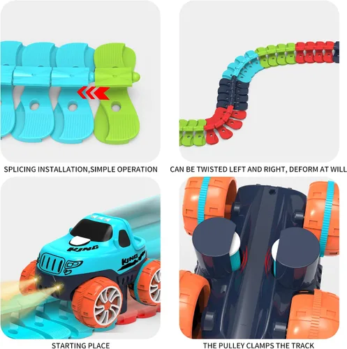 Vista 4 de Juguete de Pista de Carreras para Niños con Coche con Luz LED, Pista de Carreras Eléctrica Flexible Intercambiable con Batería para Niños y Niñas