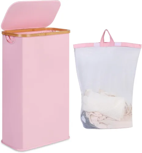 Vista 23 de [Usado] iEGrow - Cesta de lavandería delgada de 65L, cesta de lavandería estrecha con tapa, cesta de ropa plegable con asas de bambú, cesta