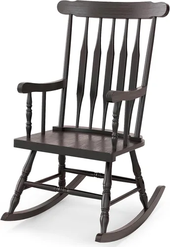 Vista 12 de Tangkula Mecedora para patio de madera de goma maciza, silla mecedora de porche al aire libre con marco de madera de goma, mecedora de madera