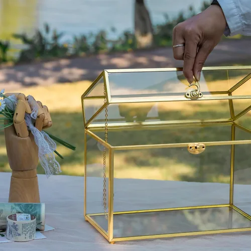 Vista 8 de NCYP Caja de tarjetas de vidrio dorada con tapa para recepción de boda, 9.8 x 5.6 x 7.7 pulgadas, caja de almacenamiento decorativa rectangular