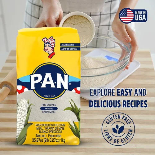 Vista 4 de P.A.N. Harina de Maíz Blanco - Harina Precocida sin Gluten y Kosher para Arepas, 1 kg (35 oz / 2 lb 3.3 oz)