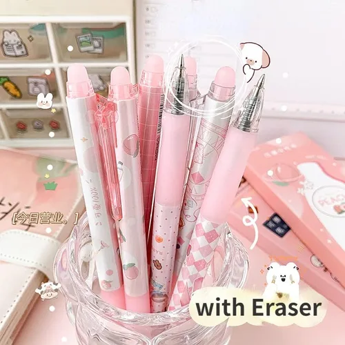 Vista 3 de 6 bolígrafos kawaii borrables con borradores, bonitos bolígrafos de gel con estampado de dibujos animados kawaii de 0.020 in, bolígrafos de tinta