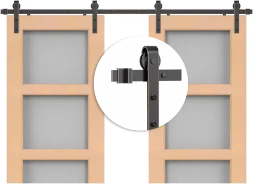 Vista 8 de Kit de herrajes clásicos de latón para puerta corrediza de granero de 5 pies para puerta interior, paquete de oro cepillado con mecanismo de cierre