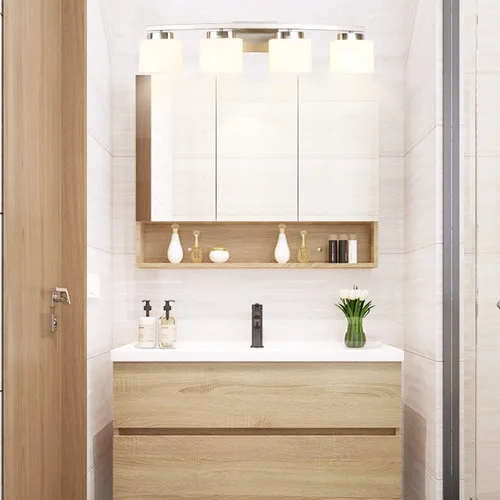 Vista 6 de Lámpara de tocador de níquel cepillado de 4 luces con pantalla de vidrio blanco para baño sobre espejo, 31.5 pulgadas