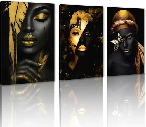 Vista 39 de MAMAGO Lienzo decorativo para pared, pintura de belleza dorada y negra, fotos de mujeres africanas, hermosos pósteres de mujer negra, impresiones