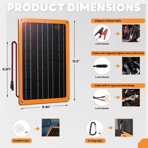 Vista 9 de FieryRed Cargador y mantenedor de batería de coche con panel solar de 10 W y 12 V, cargador de goteo impermeable con controlador integrado, enchufe