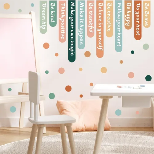 Vista 8 de Colorida calcomanía de pared inspiradora, citas motivacionales, calcomanías de pared con texto positivo para aula, diseño de lunares extraíbles