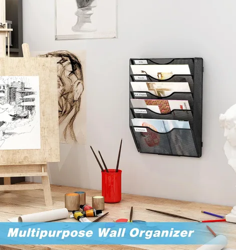 Vista 6 de Soporte para archivos para colgar en la pared, organizador de papel para colgar en la pared, 5 bolsillos, estante de almacenamiento, color negro