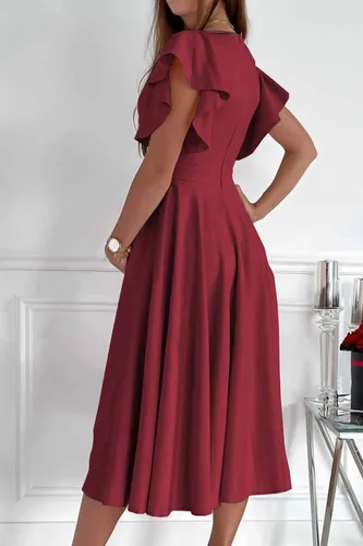 Vista 3 de PRETTYGARDEN - Vestido de verano para mujer, debajo de la rodilla, manga casquillo con volantes, cuello en V, acampanado, vestido de cóctel y fiesta