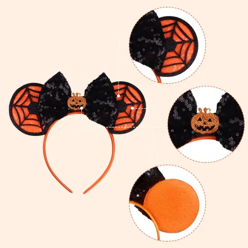 Vista 4 de 4 diademas de orejas de ratón de Halloween, lentejuelas de Halloween, lazos de calabaza, diademas fantasmas para fiestas de cosplay