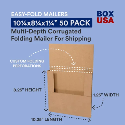 Vista 2 de BOX USA Cajas de envío planas de 10.25 pulgadas de largo x 8.25 pulgadas de ancho x 1.25 pulgadas de alto, medianas 50 unidades Caja de cartón