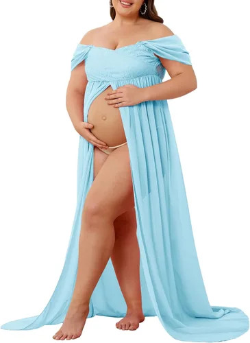 Vista 3 de Vestido de maternidad para sesión de fotos con hombros descubiertos, vestido de gasa con abertura frontal, maxi vestidos de embarazo para fotografía