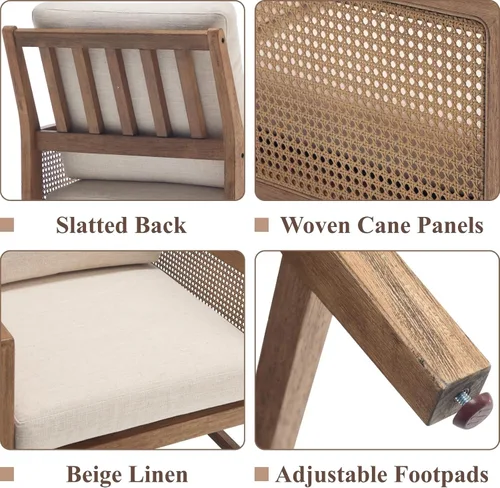 Vista 4 de chairus Silla decorativa moderna Mid-Century de madera maciza tapizada con reposabrazos de caña y respaldo de listones, cómoda silla de lectura