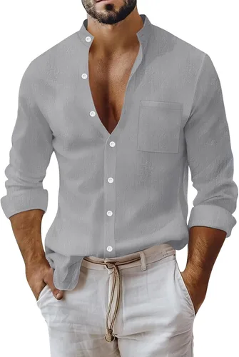 Vista 19 de Camisa de lino de algodón para hombre, manga larga con botones, cuello alto con bandas para playa y verano