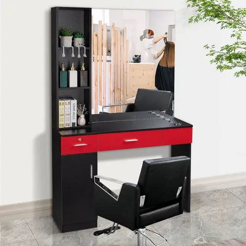 Vista 6 de OmySalon Estación de peluquería con espejo, estación de peluquería para estilista, equipo de spa de belleza de montaje en pared con 3 soportes