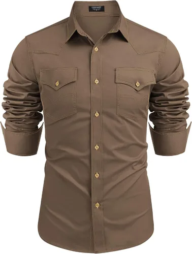 Vista 17 de COOFANDY Camisa vaquera de manga larga para hombre, de algodón, con botones, estilo casual, con bolsillos 01-Negro