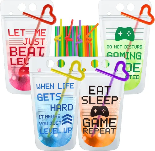 Vista 8 de 24 bolsas de plástico transparente para bebidas con pajitas, bolsas reutilizables para decoración de cumpleaños, videojuegos, fiestas, regalos