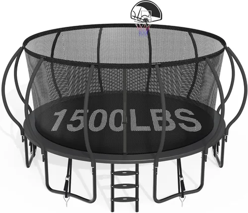 Vista 9 de Trámpolines de 1500 libras 8 10 12 14 15 16 pies para niños y adultos con red de protección, estacas para viento, aro de baloncesto, trámpolines