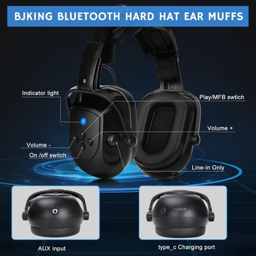 Vista 6 de BJKing Orejeras para casco duro con Bluetooth, NRR 28dB, orejeras ajustables montadas en la tapa, orejeras acoplables para casco