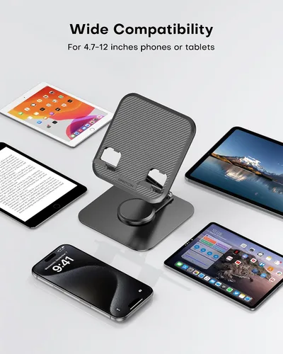 Vista 5 de OMOTON TA04 Ultra-Slim Tablet Stand for iPad, Swivel Phone Holder for Desk 360°Rotation Metal base with plastic panel, Adjustable angle, Silicone