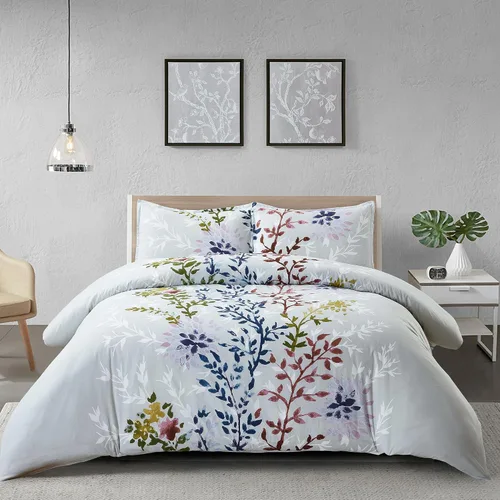 Vista 11 de Style Quarters Dahlia Lane - Juego de funda de edredón de 3 piezas, tallos florales multicolor con siluetas de hojas blancas, 100% algodón, lavable