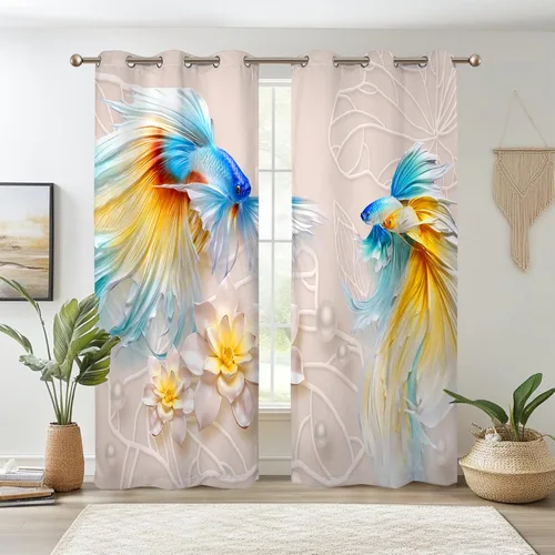 Vista 13 de Renaiss Cortinas de carpa para ventana, 29 pulgadas de ancho x 45 pulgadas de alto, pintura de tinta oriental, hojas de loto, lirio de agua negro