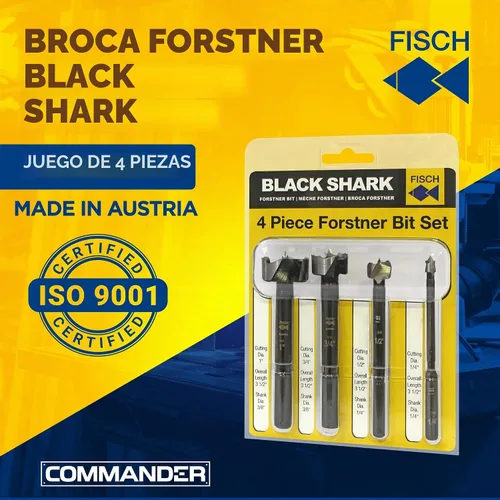 Vista 2 de Fisch Black Shark Juego de brocas Forstner de acero forjado para carpintería, diseño de onda de precisión, cortes limpios en maderas duras, MDF