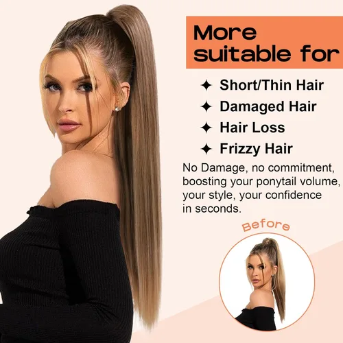 Vista 5 de SEIKEA Extensiones de cola de caballo con cordón, larga y recta, cola de caballo falsa, natural, suave, extensiones de cabello sintético resistente
