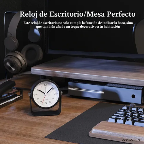 Vista 3 de AYRELY® Reloj despertador analógico pequeño de 3.5 pulgadas, funciona con pilas, bonito reloj de mesa con luz, ángulo ajustable para viajes, mesita