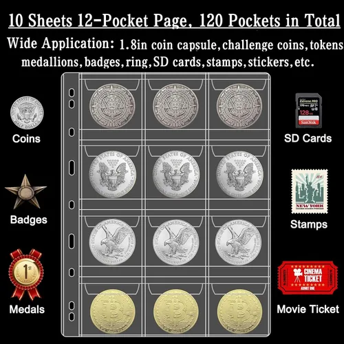 Vista 2 de Páginas de colección de monedas de 10 hojas, página de bolsillo para monedas con 120 bolsillos, fundas para carpetas de monedas con 9 agujeros