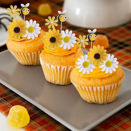 Vista 7 de RAYNAG 44 decoraciones para pasteles de abeja y girasol, juego de adornos de pastel de abeja de girasol para decoraciones de fiesta de cumpleaños