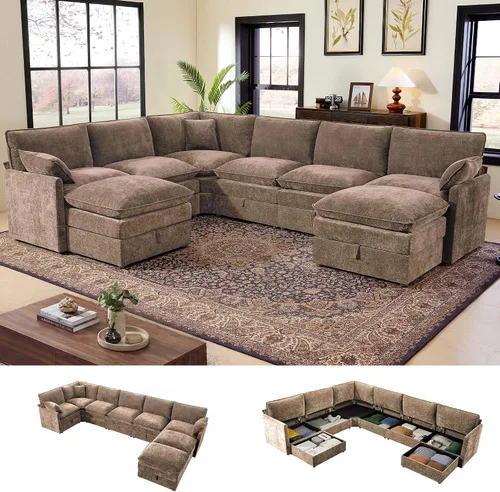 Vista 31 de Ihanherry Sofá modular de 103 pulgadas con almacenamiento, sofá de nube en forma de U con otomanas móviles y 4 almohadas, sofás seccionales de Beige