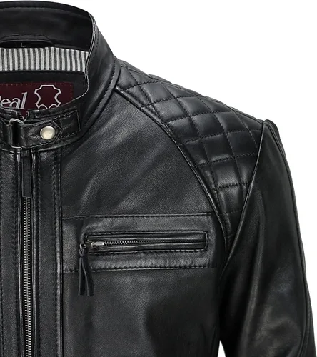 Vista 4 de Chaqueta de cuero vintage con hombros acolchados, estilo retro, clásico, con diamantes desgastados, para motocicleta, Cafe Racer