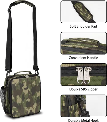 Vista 2 de Pardick Lonchera con aislamiento de camuflaje para niños y estudiantes, lonchera con soporte para comidas, color verde camuflaje, bolsa térmica