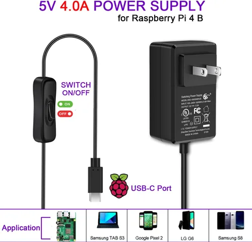 Vista 2 de [20W 5V 4A] Funda Raspberry Pi 4, con iUniker 20W 5V 4A USB C Raspberry Pi 4 Fuente de alimentación con interruptor Disipador de calor Ventilador