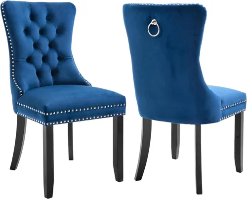 Vista 12 de mikibama Juego de 2 sillas de comedor tapizadas de terciopelo con respaldo de ala, sillas de comedor con patas de madera maciza con botón de cabeza