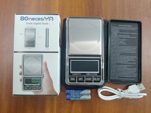 Vista 8 de Báscula digital de bolsillo para joyería, 17.64 oz, 0.00 oz, precisión recargable por USB, portátil, mini gramos, báscula de alimentos para moneda