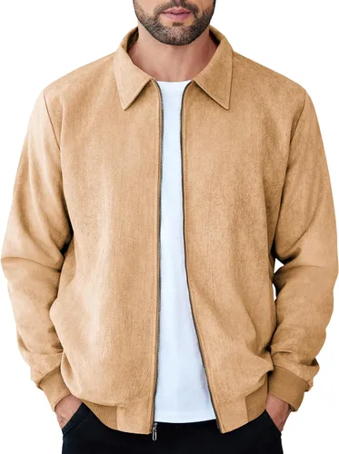Vista 7 de COOFANDY Chaqueta bomber casual de ante para hombre, ligera, con cremallera completa, chaqueta de piel sintética vintage